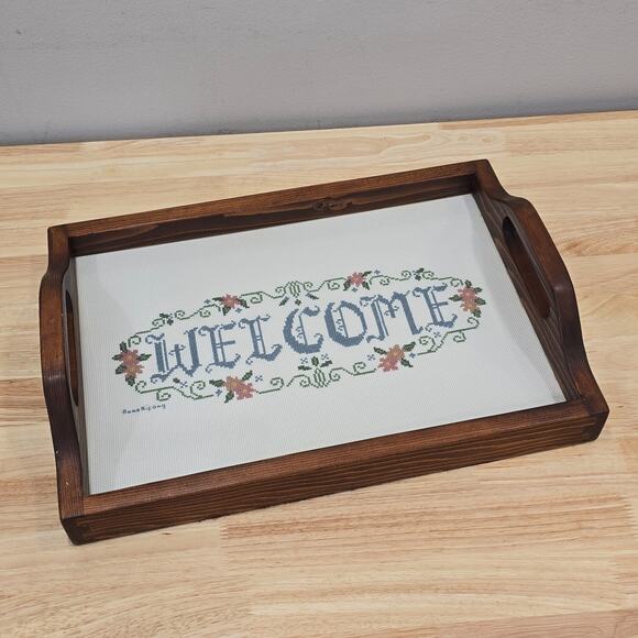 Cross Stitch "Welcome" Handmade Wooden Serving Tray 16x11 Shabby Cottagecore - Picture 13 of 13